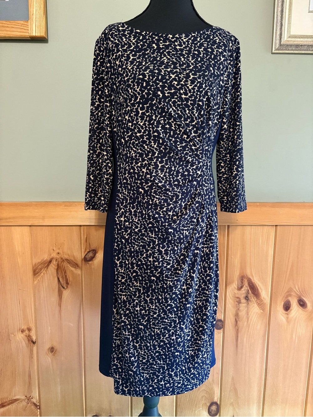 Lauren Ralph Lauren Sheath Dress Navy Blue Beige Animal Print W/ Ruching Sz 12